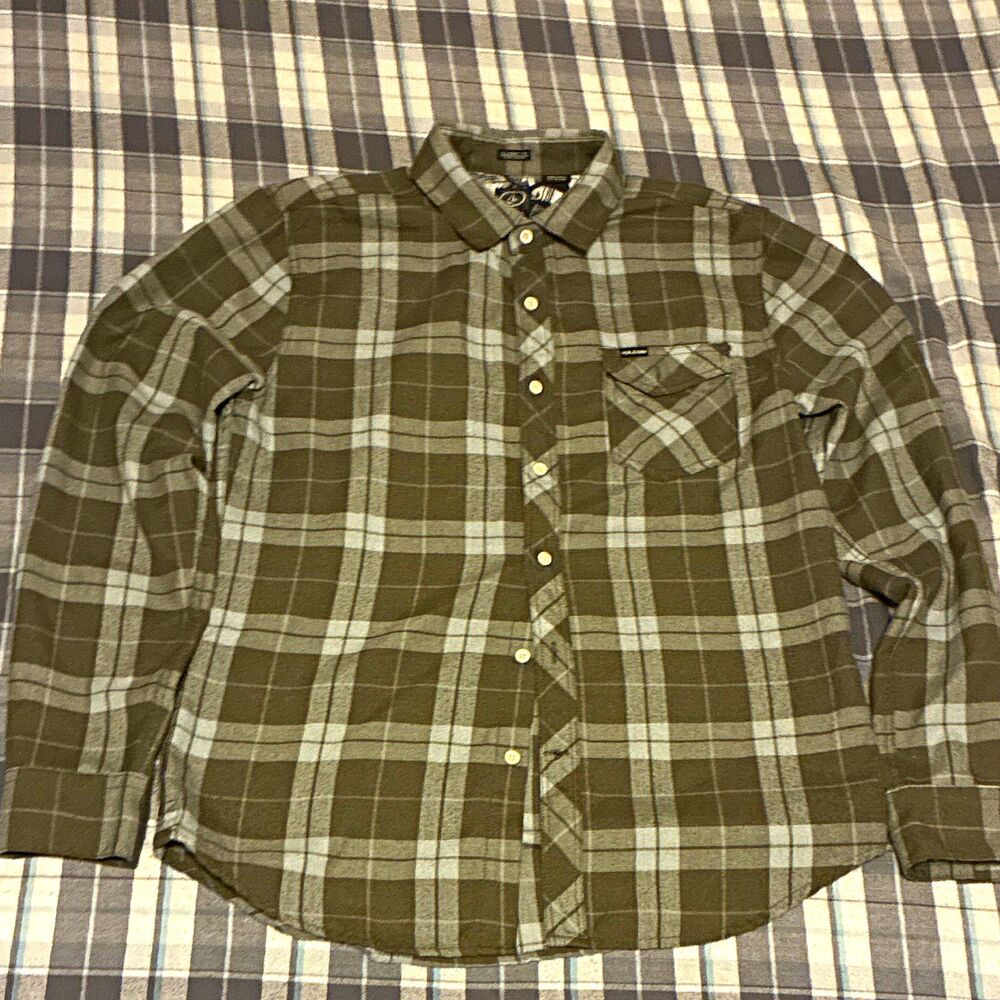 Volcom Men's M Green Gray Plaid Flannel Long Sleeve Button-Up Pockets